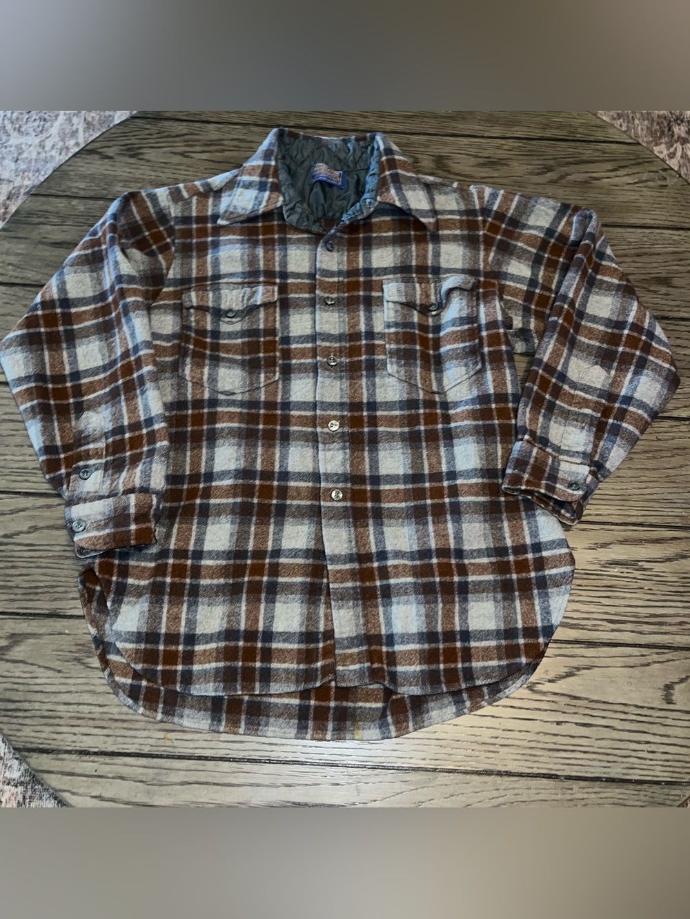 Vintage Pendleton Wool Shirt Mens Small Brown Plaid Loop Collar Shacket 60s 70s